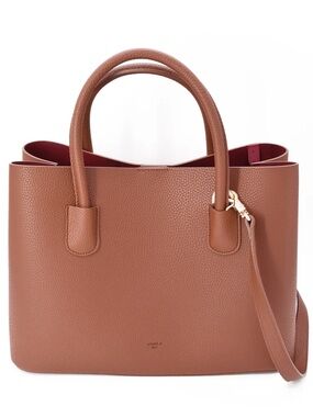 Angela Roi Tan Pebbled Leather Tote with Burgundy Interior